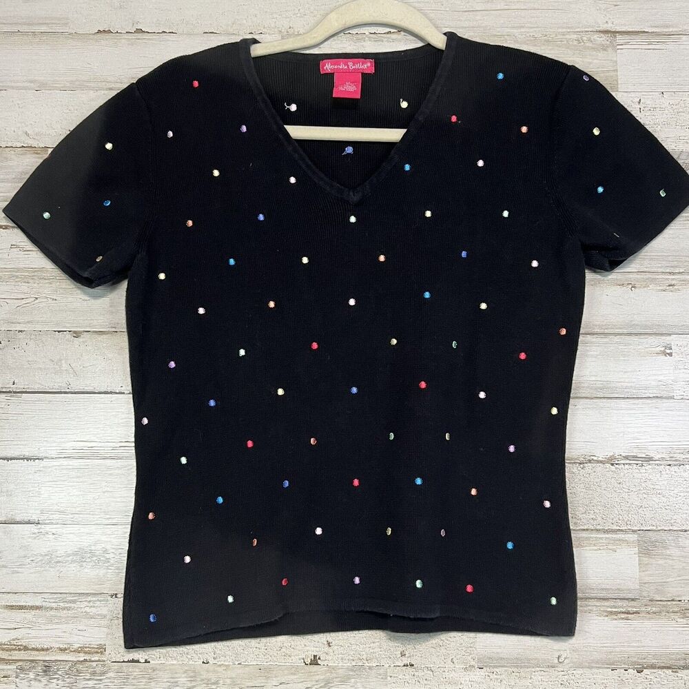 Alexandra Bartlett Woman Black Polka Dot Sweater Short Sleeves Size Medium